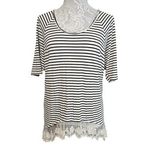 POL Striped Tunic Top Lace Trim 3/4 Sleeve Scoop Neck Women's Size S